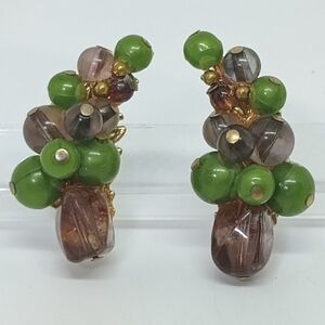 * vintage Kramer fruit like green & smoky bead cluster clip on earrings